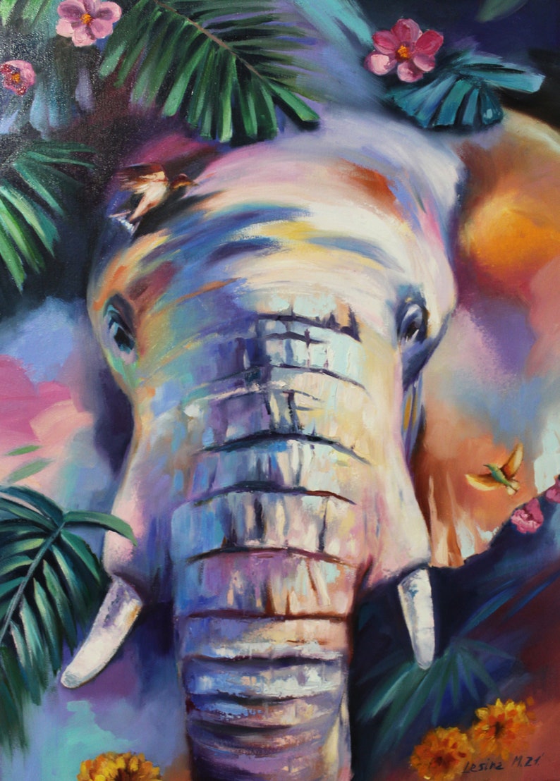 Colorful elephant painting Modern Multicolor animals art oil on canvas Elephant Artwork Elephant decor Indian art Nursery elephant fine art.