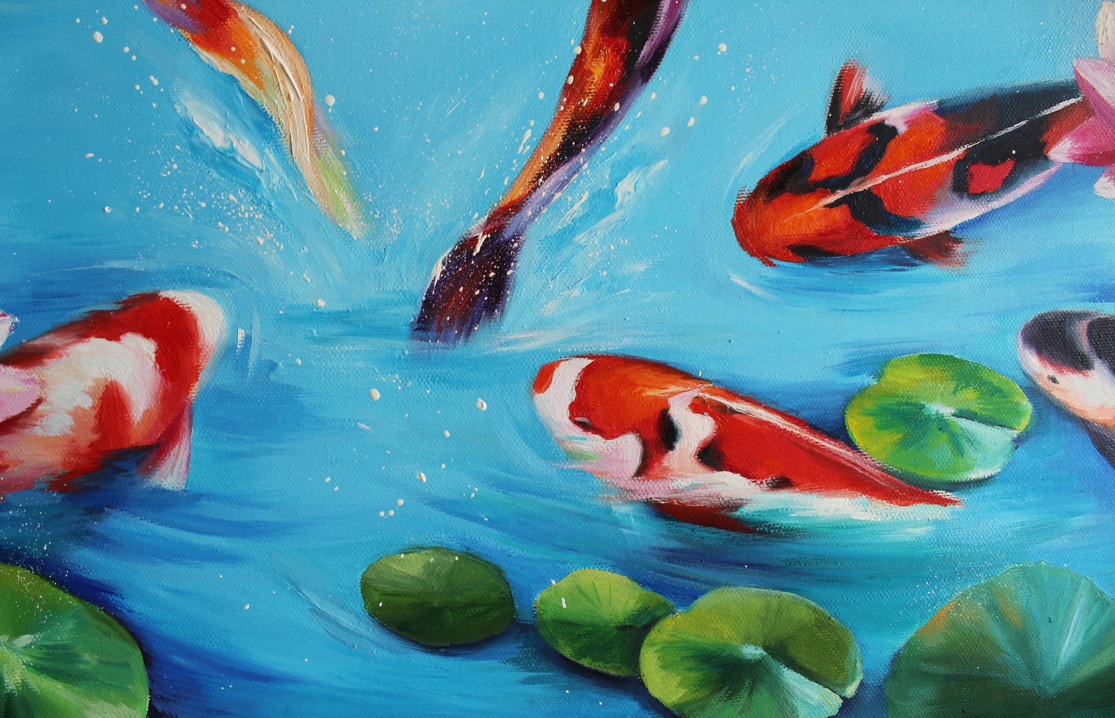 Fish Koi painting on canvas Japanese Carp oil art Lotus pond | Etsy