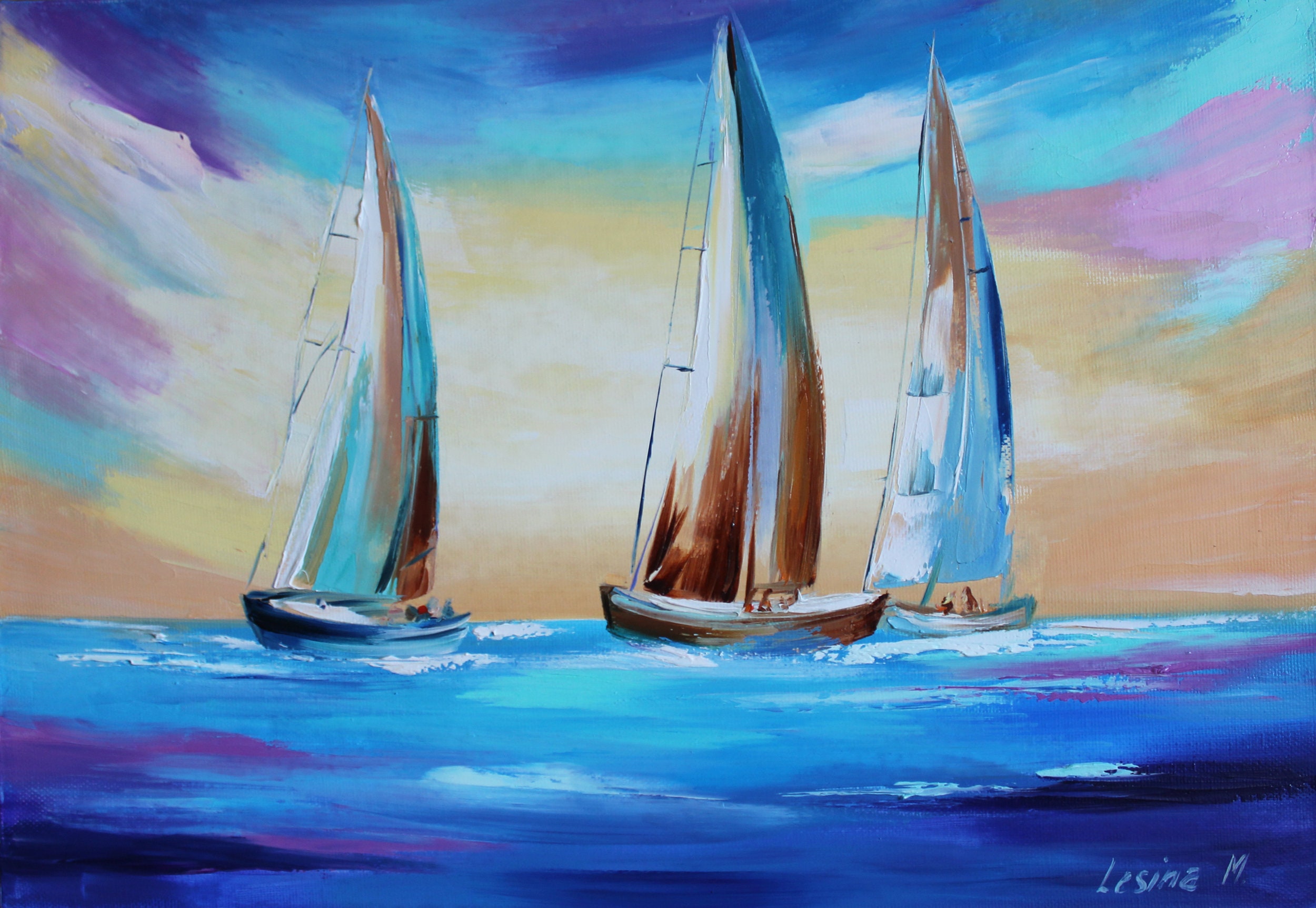 Sailboats oil painting on canvas Palette knife Impasto Sailing Etsy