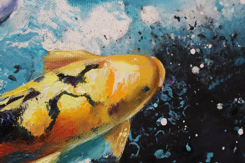 Koi fish painting on canvas Carp oil art Feng Shui painting Japanese Carp Turquoise wall art Fish wall decor Original art 1632 in.