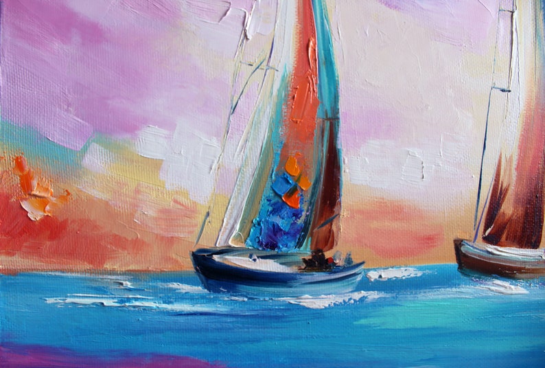 Sailboats oil painting on canvas Palette knife Impasto Sailing Etsy