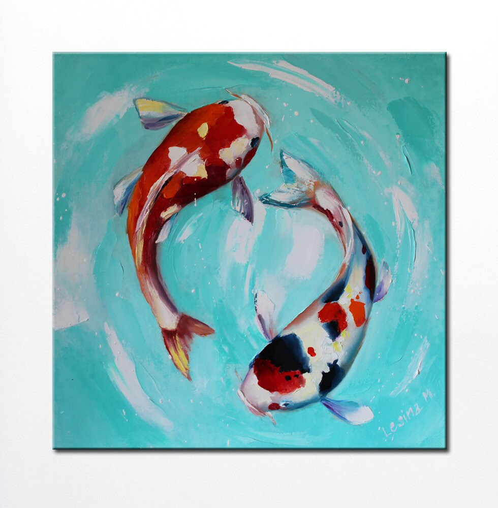 Koi fish painting on canvas Carp oil art Feng Shui painting Etsy