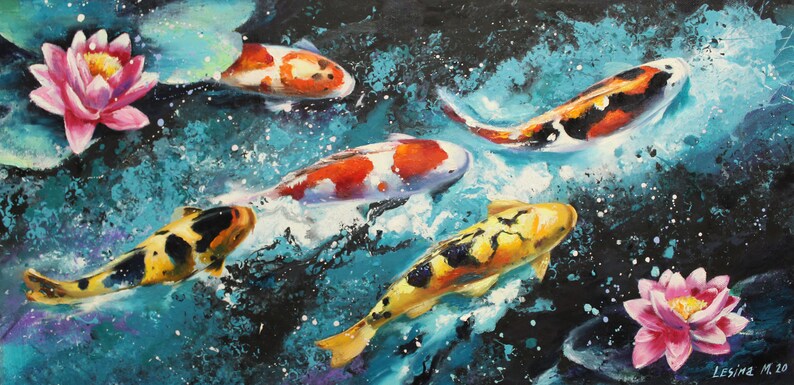 Koi fish painting on canvas Carp oil art Feng Shui painting Japanese Carp Turquoise wall art Fish wall decor Original art 1632 in.