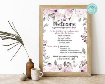 Pink Rose Newborn Visiting Rules Sign, rules for visiting newborn, baby shower printable, newborn germ stopper sign, keep baby safe