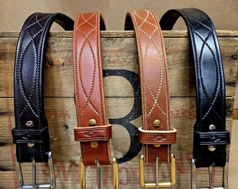 Heavy Duty Full Grain Leather Belt, Gunslinger Stitching, Removable Roller Buckle