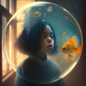 Wall painting for the interior &quot;Girl and fish&quot;