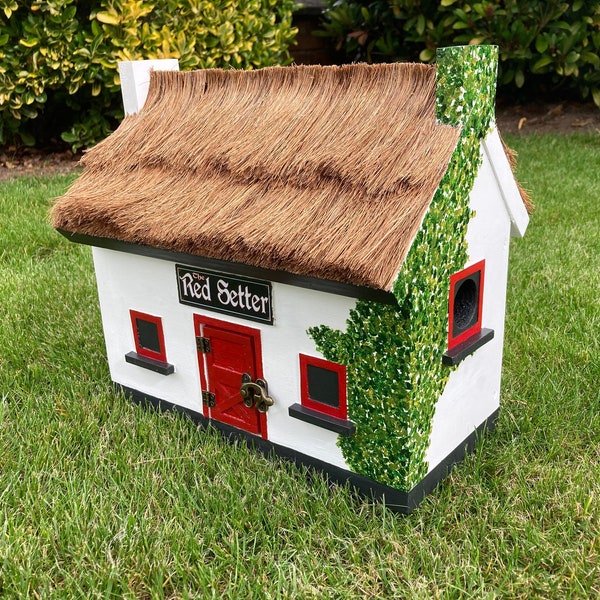 Irish Pub / Cottage Style Birdhouse With Thatched Roof and Ivy Wall. Made in Belfast