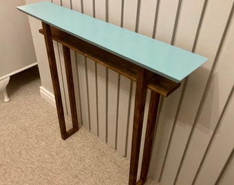 Modern Minimalistic Narrow Console Table with Shelf. Teal / Walnut. Stylish, skinny, mid century, danish. Japanese architecture