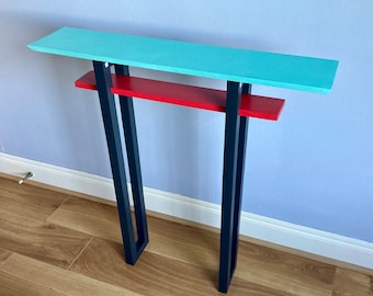 Modern Minimalistic Narrow Console Table with Shelf. Teal/Red/Black. Stylish, skinny, mid century, danish. Japanese architecture