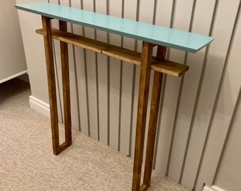 Modern Minimalistic Narrow Console Table with Shelf. Teal / Antique pine. Stylish, skinny, mid century, danish. Japanese architecture