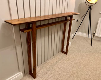 Modern Minimalistic Narrow Console Table with Shelf. Teal / Walnut. Stylish, skinny, mid century, danish. Japanese architecture