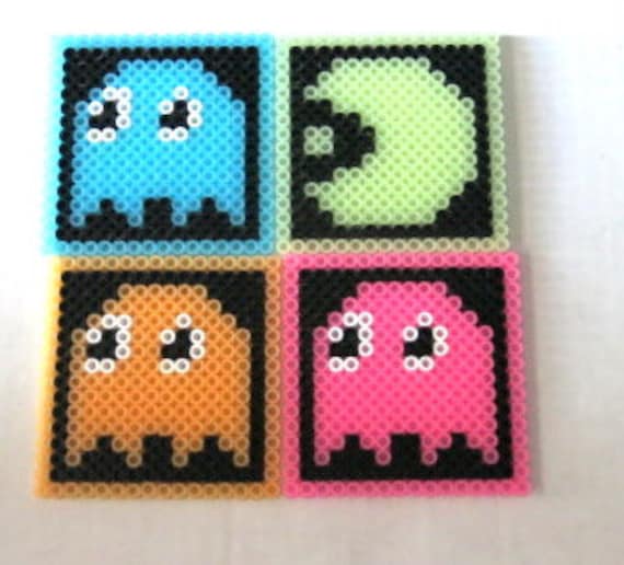 Perler Beads Set of 4 Glow in the Dark Pac Man Coasters 