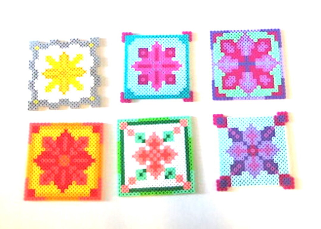 Perler Beads Set of 6 Floral Geo Coasters Etsy