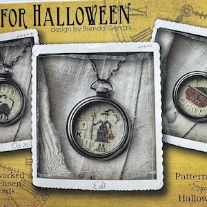 May include: Three cross-stitch patterns for Halloween Fobs, each featuring a different design: a black cat, a witch, and a pumpkin. The designs are worked on 40 count linen over 2 threads. The text "Time for Halloween" is at the top of the image.