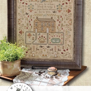 May include: A framed cross-stitch sampler featuring a central house, alphabet letters, floral motifs, birds, and deer. The text reads: Be you to others kind & true as you have others be to you. The design includes the year 2025 and the code #CS380.