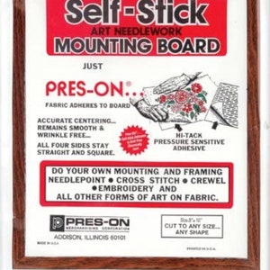 May include: A white package with a red and black border, advertising "Self-Stick Art Needlework Mounting Board" with the brand name "Pres-On". The package features a close-up of a hand applying fabric to the board, highlighting the product's ease of use. The text "Just Pres-On... Fabric Adheres to Board" is prominently displayed.