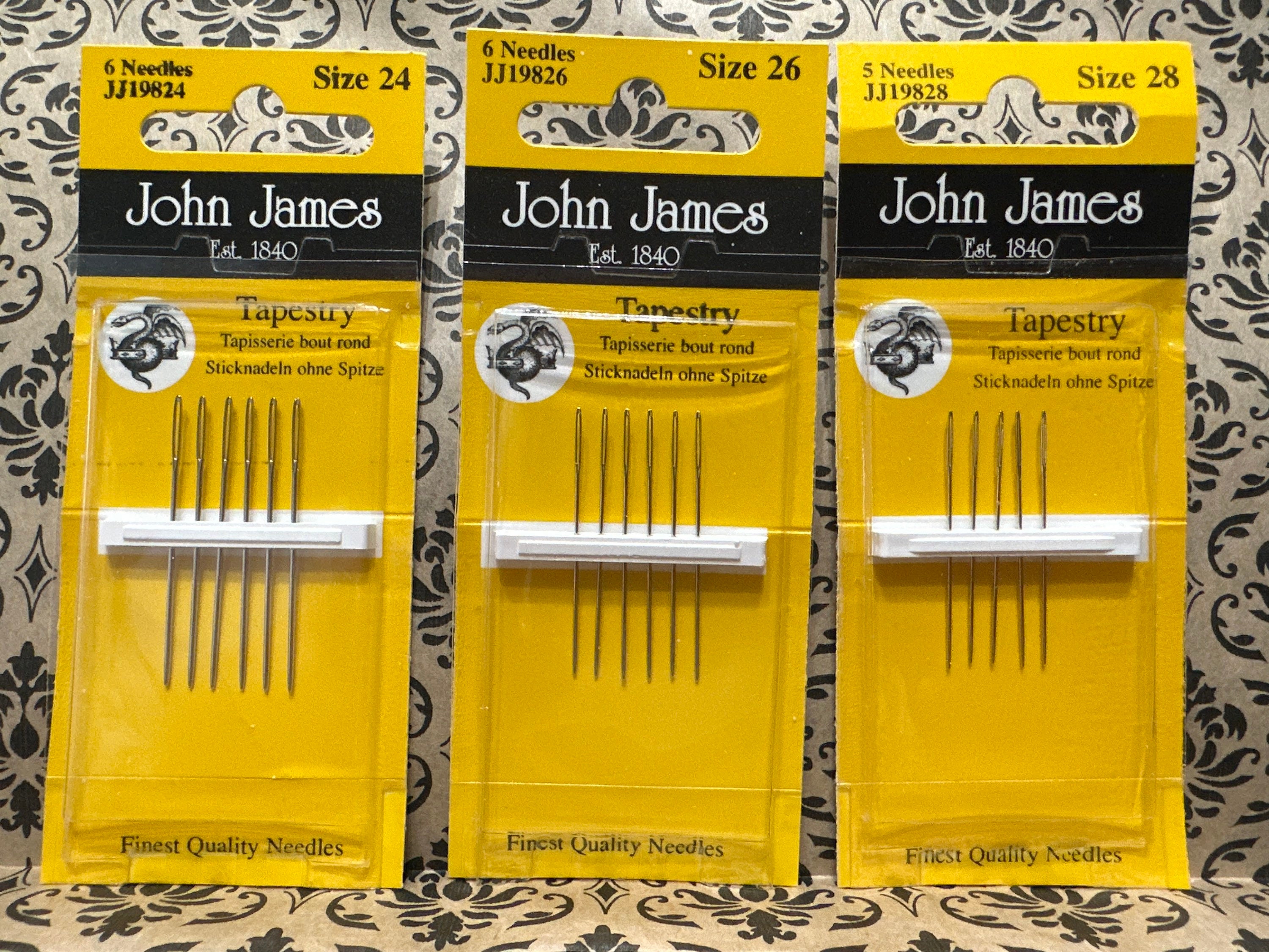 John James Needles - Cross Stitch Needles - Tapestry Needles - Size 22 -  Size 24 - Size 26 - Size 28 - 5 Needles per pack - 6 needles / pack