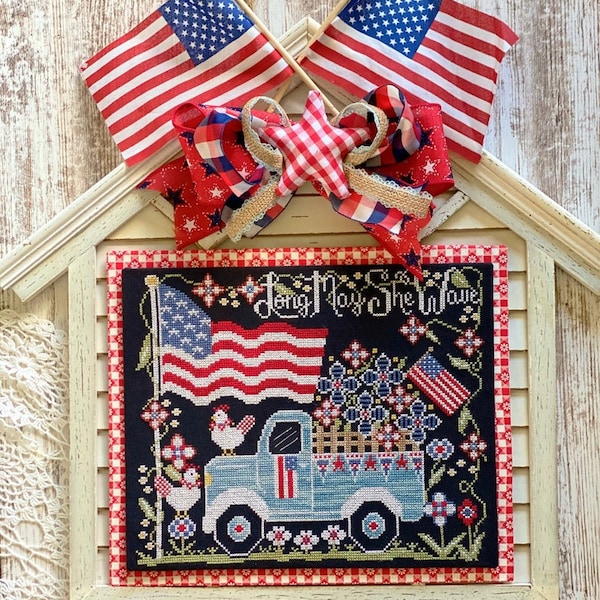 Stitching with the Housewives - Long May She Wave - Chalk Art Design by Priscilla Blain - Vintage Truck - Flowers - USA Flag - Cross Stitch