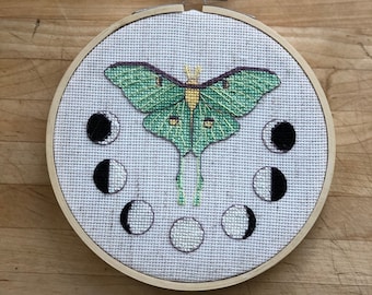 Luna Moth and Moons Lunar Modern Cross Stitch Pattern - Instant Download