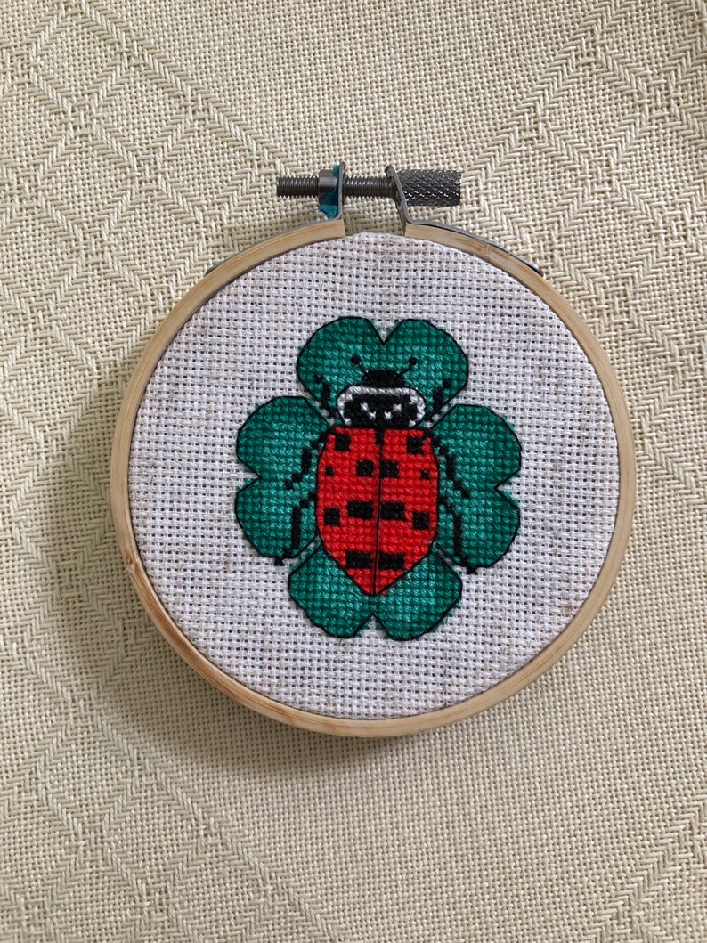Ladybug on clover lady beetle PDF instant download lucky modern cross stitch