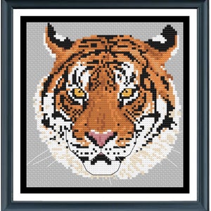 Puede incluir: Primer plano de la cara de un tigre con rayas naranjas y negras. El tigre tiene un hocico blanco y bigotes. El fondo es gris claro.