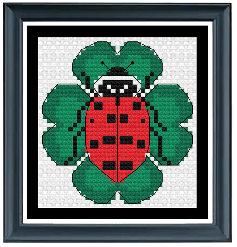 Ladybug on clover lady beetle PDF instant download lucky modern cross stitch