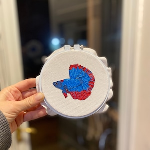 May include: A white embroidery hoop with a blue and red betta fish design. The fish is embroidered on a white fabric.