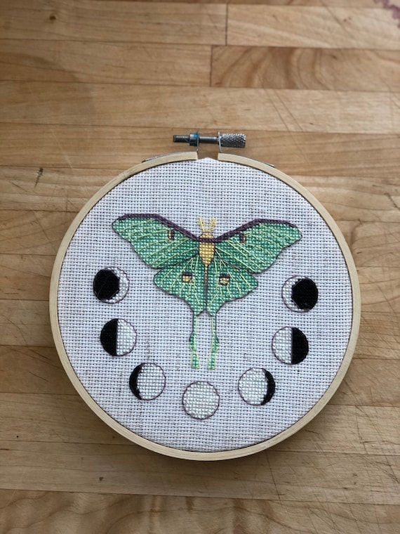 Luna Moth and Moons Lunar Modern Cross Stitch Pattern - Instant Download
