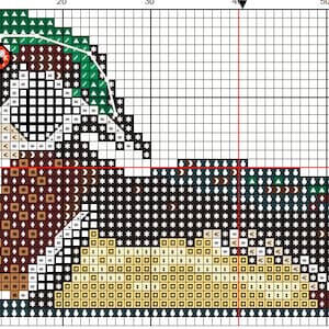 K&ouml;nnte beinhalten: Ein Kreuzstichmuster mit einem detaillierten Design. Das Muster verwendet ein Raster aus Quadraten mit verschiedenen Symbolen und Farben, darunter Braun, Gr&uuml;n, Schwarz und Gelb. Das Design scheint ein stilisiertes Bild zu sein.