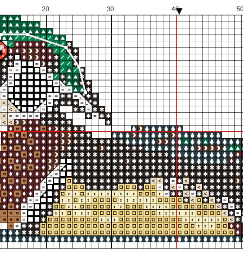 K&ouml;nnte beinhalten: Ein Kreuzstichmuster mit einem detaillierten Design. Das Muster verwendet ein Raster aus Quadraten mit verschiedenen Symbolen und Farben, darunter Braun, Gr&uuml;n, Schwarz und Gelb. Das Design scheint ein stilisiertes Bild zu sein.