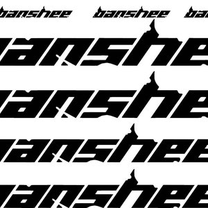 May include: A collection of black vinyl decals featuring the word banshee in a stylized font, along with a circular emblem containing the letter B. The image includes measurement indicators showing widths of 3 inches, 4 inches, 6 inches, 10 inches, and 12 inches.
