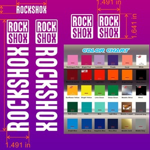 Custom Made Rockshox Fork and Shock Decals Stickers. Die-cut From High Quality Vinyl. 30 Colors to Choose From. Made and sold in the USA.