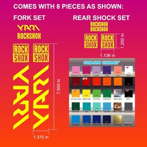 May include: A set of eight yellow and black bicycle decals with the words "Yari" and "RockShox". The decals are 7.5 inches tall and 1.375 inches wide. The set also includes two smaller decals with the words "RockShox" and "Rock Shox".