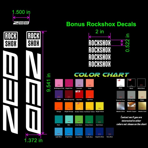 Custom Made Rockshox ZEB Fork Decals Stickers. Die-cut From High Quality Vinyl. Lots of Colors to Choose From! Made and sold in the USA.