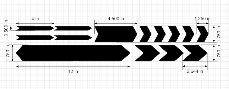May include: Black and white chevron pattern tape with a black solid stripe. The tape is 12 inches long and 1.75 inches wide. The tape has a total of 5 arrows.