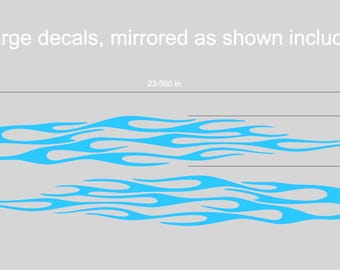 May include: Two light blue flame decals, mirrored as shown. The decals measure 23.500 inches in length and 3 inches in height. The text 2 large decals, mirrored as shown included is displayed above the flame graphics.