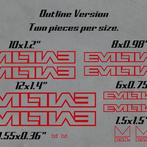 May include: Red outline decals with the word "EVIL" in a stylized font, available in various sizes, including 10x1.2 inches, 8x0.98 inches, 12x1.4 inches, 6x0.75 inches, and smaller options. The text "Outline Version" and "Two pieces per size" are also included.