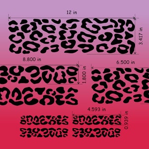May include: Black and white leopard print design in various sizes. The largest design is 12 inches wide and 3.417 inches tall. The smallest design is 0.939 inches wide and 1.800 inches tall.
