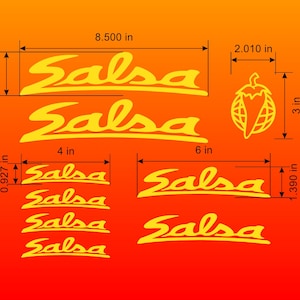 May include: A set of yellow vinyl decals featuring the word Salsa in a stylized script font and a chili pepper icon over a globe. The sheet includes various sizes with dimensions marked in inches, ranging from 0.927 inches to 8.500 inches wide.