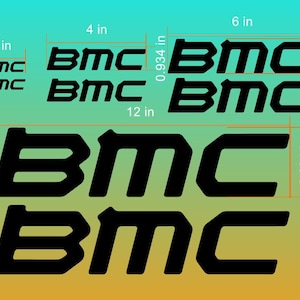 May include: Black BMC logo decals in various sizes, ranging from 2 to 12 inches in width. The decals are displayed on a gradient background, showcasing their dimensions. The BMC logo is a bold, sans-serif design.