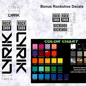 May include: A set of black and white Rockshox bicycle decals, including two "Rock Shox" logos, two "Rockshox" logos, and two "Lyrik" logos. The decals are available in a variety of colors, as shown in the color chart.