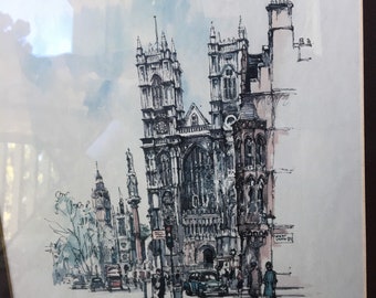 Jan Korthals framed watercolor prints. St. Paul’s cathedral, Westminster, Trafalgar Square and the tower bridge.