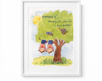 Twin Boys Room Print, Happiness in Hanging Out, 11x14