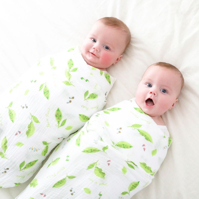 Twoborn™ Twins Muslin Swaddle Blankets Two Peas in a Pod, Unisex Twin
