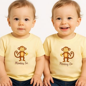 Monkey See Monkey Do Twin Tee Shirt Set - 5/6T, Matching Monkey Shirts, Twin Monkey t-shirts, Unisex Toddler Shirt, Cute Monkey Twin Outfit