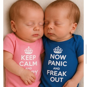 Twins Onesies Set, 3-6 Months, Keep Calm, Now Panic, Twin Outfits boy and Girl, Funny Twin Gift, Twin Baby Gifts, Newborns, Twin Baby Gift