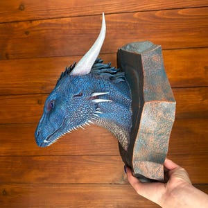 Sapphire dragon. Wall mounted dragon head. Fantasy. Present. Exclusive. Figurine. Artistic model. Hand-painted.