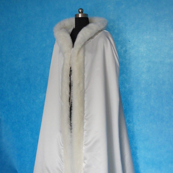 Hooded Bridal Cloak Women Winter Faux Fur Trim Satin Wedding Cape Outdoor Cape