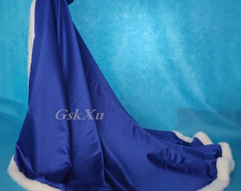 Royal Blue Satin Bridal Cape Pageant Train 88-inch Wedding Cloak Hooded with fake Fur Trim Handmade