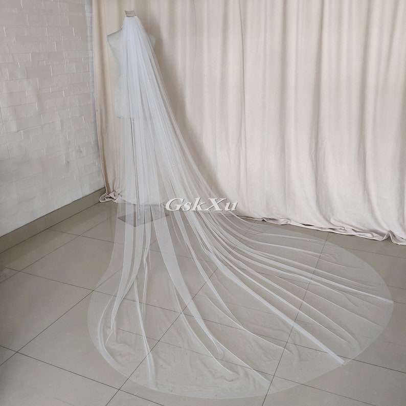 1 Layer Cut edge Wedding Veil Scattered Crystal Veil Cathedral Veil with a Metal Comb on the top image 5